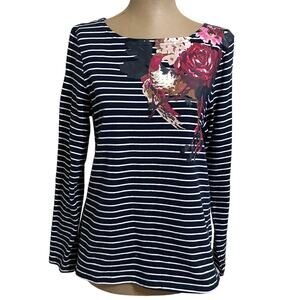 Joules Clothing Pink Floral Navy & White Stripe Cotton Boat Neck Top size 10
